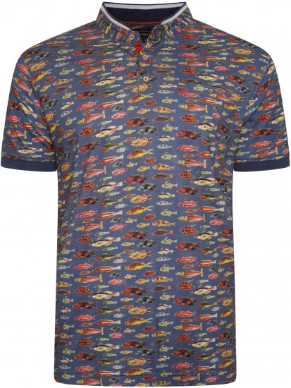 Kam Jeans 5743 Fish Print Jersey Grandad Top Indigo - Polokošele - Polokošele 2XL-8XL