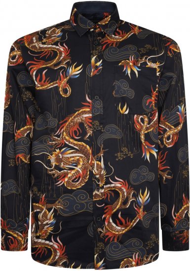 Kam Jeans 6057 LS Dragon Print Shirt Black - Košele - Košele 2XL-10XL