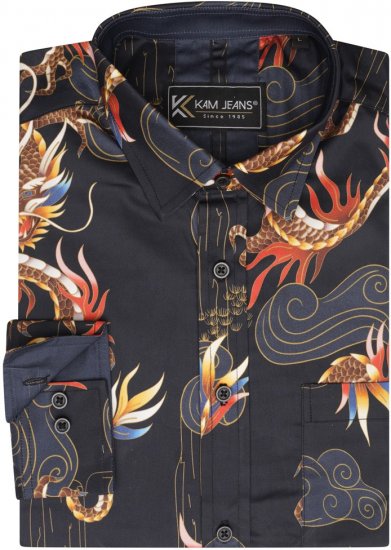 Kam Jeans 6057 LS Dragon Print Shirt Black - Košele - Košele 2XL-10XL