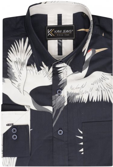 Kam Jeans 6059 LS Bird Print Shirt Navy - Košele - Košele 2XL-10XL