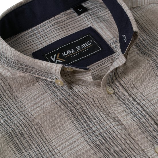 Kam Jeans 6382 Textúrovaná Károvaná Košeľa S Krátkym Rukávom Béžová - Košele - Košele 2XL-10XL