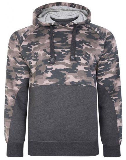 Kam Jeans 7036B Camo Pannelled Over The Head Hoody Charcoal - Mikiny & mikiny bez kapucne - Mikiny & Mikiny s Kapucňou 2XL-12XL