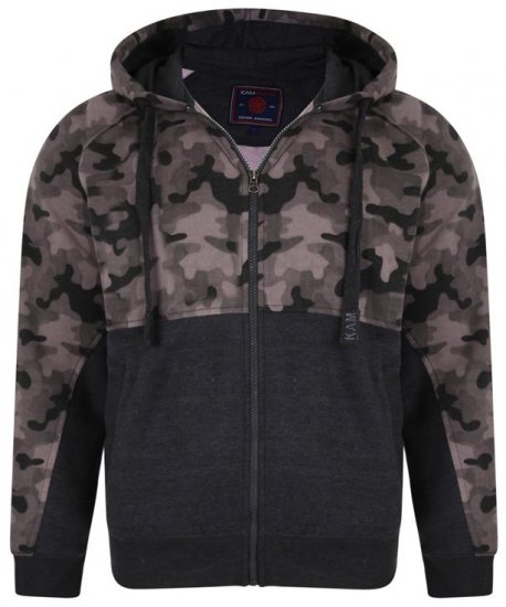 Kam Jeans 7036 Camo Print Full Zipper Hoodie Charcoal - Mikiny & mikiny bez kapucne - Mikiny & Mikiny s Kapucňou 2XL-12XL