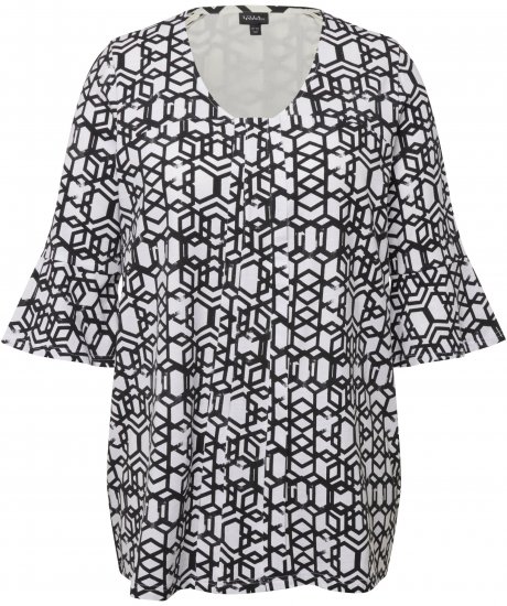 Ulla Popken Geometric Print Trumpet Sleeve Tee Black - Potlačené tričká pre ženy - 