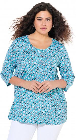Ulla Popken Flower Print 3/4 Sleeve A-Line Tee Deep Aqua - Potlačené tričká pre ženy - 