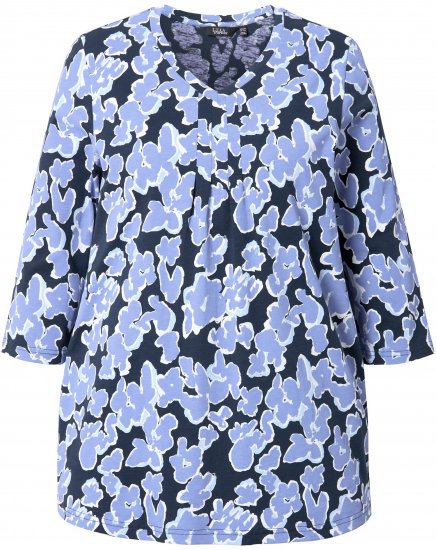Ulla Popken Floral Print 3/4 Sleeve V-Neck Tee Navy Blue - Potlačené tričká pre ženy - 
