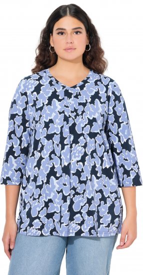 Ulla Popken Floral Print 3/4 Sleeve V-Neck Tee Navy Blue - Potlačené tričká pre ženy - 