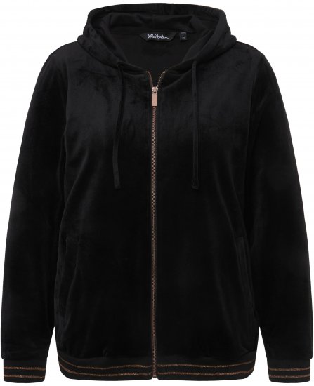 Ulla Popken Tulip Line Print Velour Zip Hoodie Black - Mikiny & mikiny bez kapucne - 
