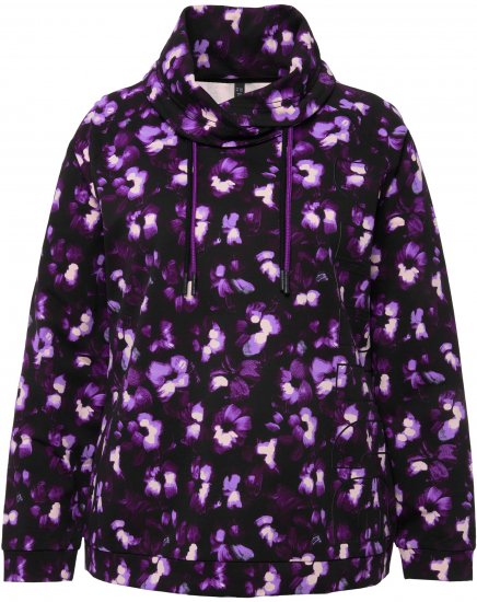 Ulla Popken Floral Print Drawstring Collar Hoodie Black - Mikiny & mikiny bez kapucne - 