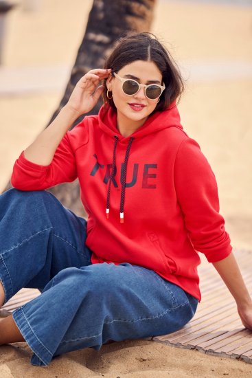 Ulla Popken TRUE Lettering Hoodie Neon Red - Mikiny & mikiny bez kapucne - 