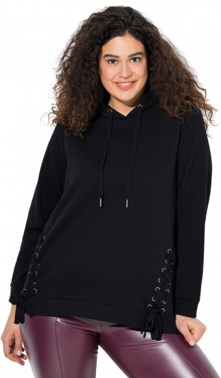 Ulla Popken Decorative Lace-Up Hoodie Black - Mikiny & mikiny bez kapucne - 