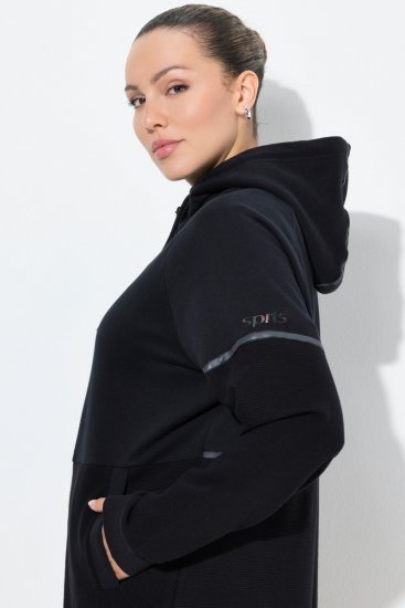 Ulla Popken Mix Fabric Reflective Trim Zip Hoodie Black - Mikiny & mikiny bez kapucne - Pohodlné mikiny, hoodie a pletené svetre