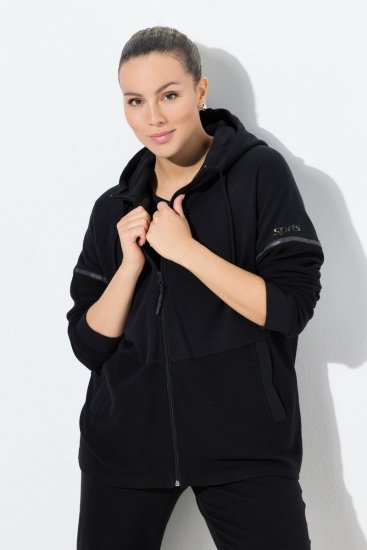 Ulla Popken Mix Fabric Reflective Trim Zip Hoodie Black - Mikiny & mikiny bez kapucne - Pohodlné mikiny, hoodie a pletené svetre