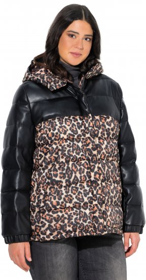 Ulla Popken HYPRAR Leopard And Leather Look Quilted Jacket Black - Bundy - 