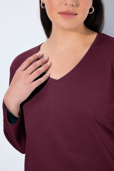 Ulla Popken Back To Basics V-Neck Relaxed Fit Cotton Tee Dark Berry - Tričká - Dámske tričká