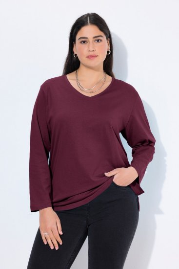 Ulla Popken Back To Basics V-Neck Relaxed Fit Cotton Tee Dark Berry - Tričká - Dámske tričká