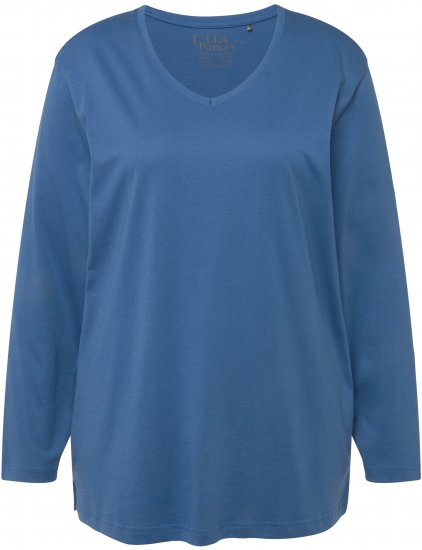 Ulla Popken Back To Basics V-Neck Relaxed Fit Cotton Tee Denim Blue - Tričká - 