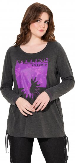 Ulla Popken Tie Hem Long Sleeve Graphic Tee Charcoal Grey Melange - Potlačené tričká pre ženy - 