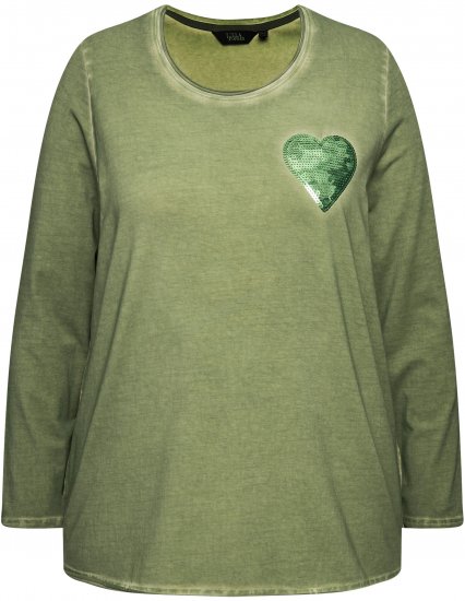 Ulla Popken Cold Dyed Sequined Heart Long Sleeve Tee Sage Green - Potlačené tričká pre ženy - 