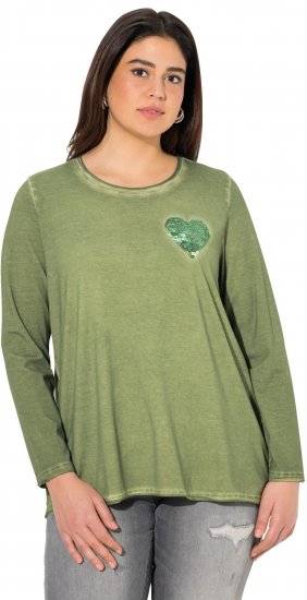Ulla Popken Cold Dyed Sequined Heart Long Sleeve Tee Sage Green - Potlačené tričká pre ženy - 