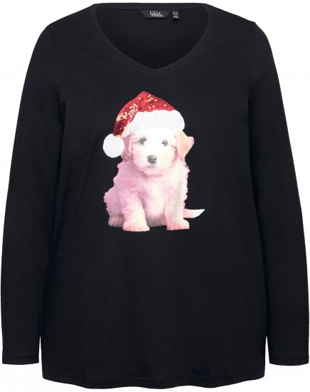 Ulla Popken Puppy Graphic Christmas Long Sleeve T-Shirt Black - Tričká - 