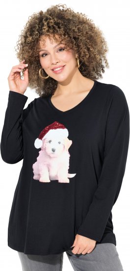 Ulla Popken Puppy Graphic Christmas Long Sleeve T-Shirt Black - Tričká - 