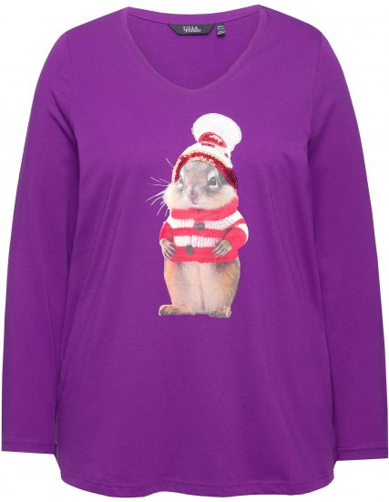 Ulla Popken Christmas Squirrel Long Sleeve Graphic Tee Dark Purple - Potlačené tričká pre ženy - 