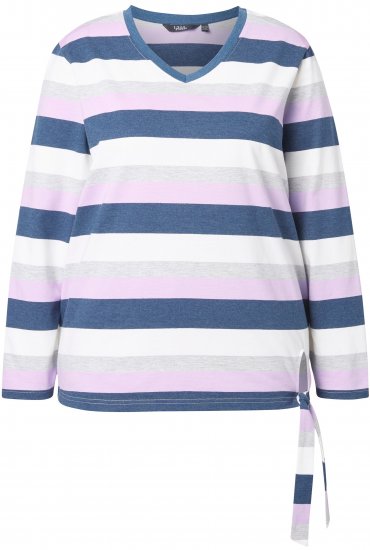 Ulla Popken Striped Knotted Hem Long Sleeve Tee Lavender - Potlačené tričká pre ženy - 