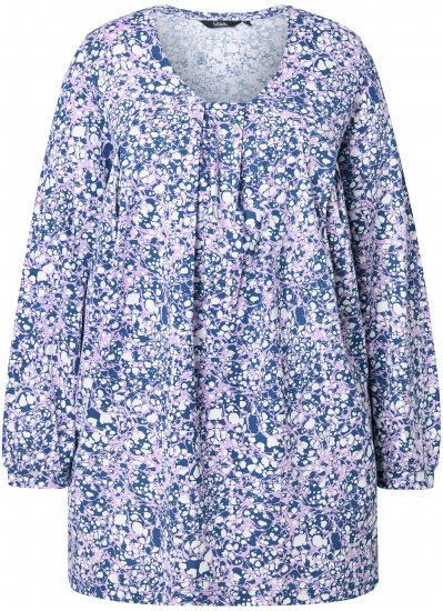 Ulla Popken Allover Printed Pleated Long Sleeve Tee Dark Blue - Potlačené tričká pre ženy - 