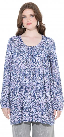 Ulla Popken Allover Printed Pleated Long Sleeve Tee Dark Blue - Potlačené tričká pre ženy - 