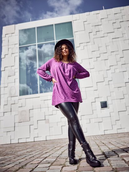 Ulla Popken Pleated Confetti Print Long Sleeve Tee Light Plum - Potlačené tričká pre ženy - 