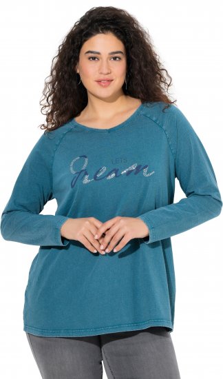 Ulla Popken Dream Rhinestone Lettering Long Sleeve Tee Teal - Potlačené tričká pre ženy - 