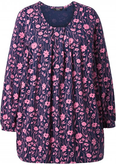 Ulla Popken Pleated Long Sleeve Floral Knit Tunic Ink Blue - Potlačené tričká pre ženy - 
