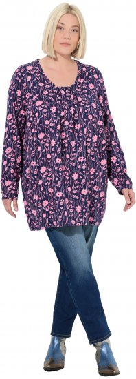 Ulla Popken Pleated Long Sleeve Floral Knit Tunic Ink Blue - Potlačené tričká pre ženy - 