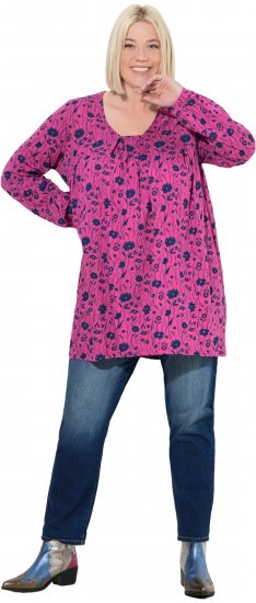 Ulla Popken Pleated Long Sleeve Floral Knit Tunic Summer Berry - Potlačené tričká pre ženy - 