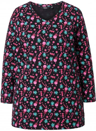 Ulla Popken Peppermint Tree V-Neck Holiday Cotton Long Sleeve Knit Tunic Black - Potlačené tričká pre ženy - 