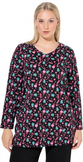 Ulla Popken Peppermint Tree V-Neck Holiday Cotton Long Sleeve Knit Tunic Black - Potlačené tričká pre ženy - 