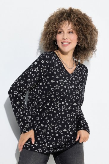Ulla Popken Allover Printed Long Sleeve Tee Black - Potlačené tričká pre ženy - Dámske tričká s potlačou