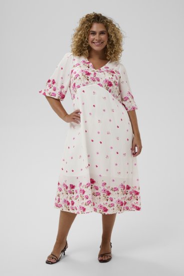 Kaffe Curve Rosa Midi Dress White Rose Border Flower - Šaty - 