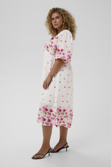 Kaffe Curve Rosa Midi Dress White Rose Border Flower - Šaty - 