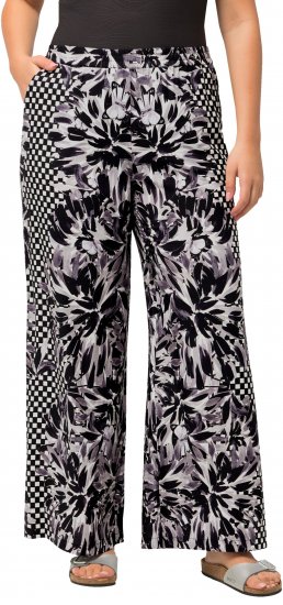 Ulla Popken Checkered Floral Elastic Waist Palazzo Paints Black - Džíny & Nohavice vo Veľkých Veľkostiach – Plus Size - 