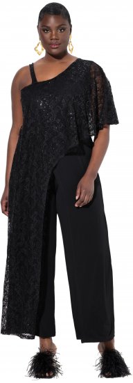 Ulla Popken Asymmetric Lace Panel Jumpsuit Black - Džíny & Nohavice vo Veľkých Veľkostiach – Plus Size - 