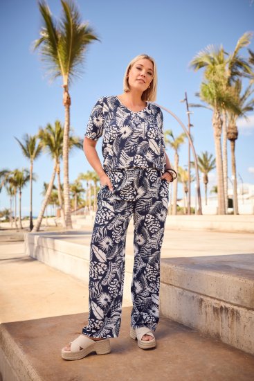 Ulla Popken Feather Print Elastic Waist Pants Blue - Džíny & Nohavice vo Veľkých Veľkostiach – Plus Size - 