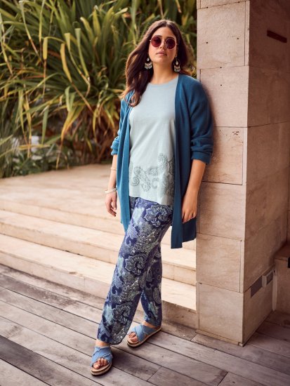 Ulla Popken Patchwork Paisley Elastic Waist Pants Blue - Džíny & Nohavice vo Veľkých Veľkostiach – Plus Size - 