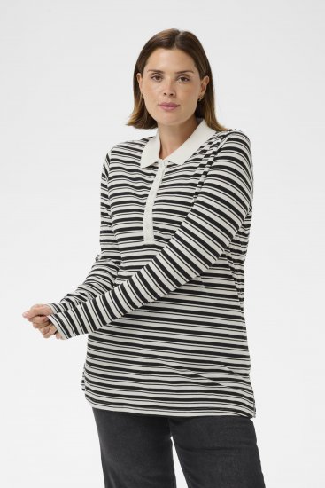 Kaffe Curve Miana Long Sleeve Polo Chalk with Black Stripe - Polokošele - 