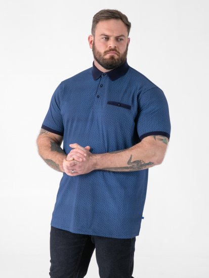 D555 Murray Printed Jacquard Collar & Cuff Short Sleeve Polo Blue - Polokošele - Polokošele 2XL-8XL
