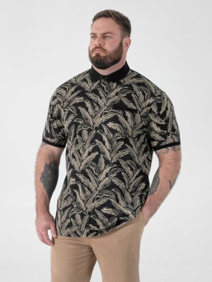 D555 Palmer Leaf Printed Jacquard Collar & Cuff Chest Pocket Polo Black - Polokošele - Polokošele 2XL-8XL