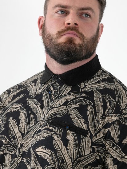 D555 Palmer Leaf Printed Jacquard Collar & Cuff Chest Pocket Polo Black - Polokošele - Polokošele 2XL-8XL