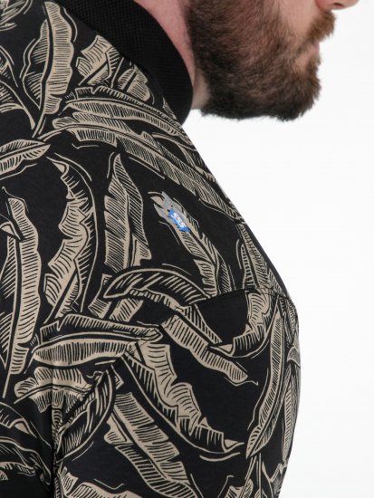 D555 Palmer Leaf Printed Jacquard Collar & Cuff Chest Pocket Polo Black - Polokošele - Polokošele 2XL-8XL