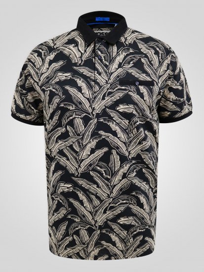 D555 Palmer Leaf Printed Jacquard Collar & Cuff Chest Pocket Polo Black - Polokošele - Polokošele 2XL-8XL